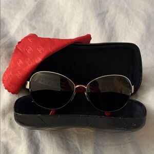 Chanel Round Sunglasses Frame Red Quilted Arms Silver Metal Italy